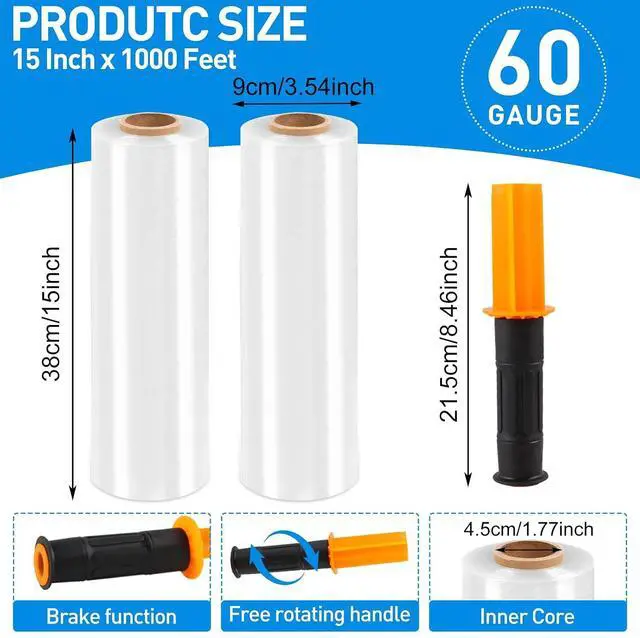 Alt view image 2 of 7 - Plastic Wrap Stretch Film Roll, 1000ft 60 Gauge 500% Industrial Strength 15 inch Wide Clear Shrink Wrap Roll with Handles for Pallet Wrapping Shipping Moving (4 Roll)