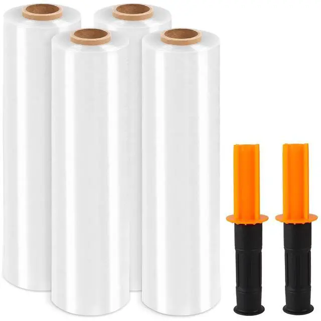 Main image of Plastic Wrap Stretch Film Roll, 1000ft 60 Gauge 500% Industrial Strength 15 inch Wide Clear Shrink Wrap Roll with Handles for Pallet Wrapping Shipping Moving (4 Roll)