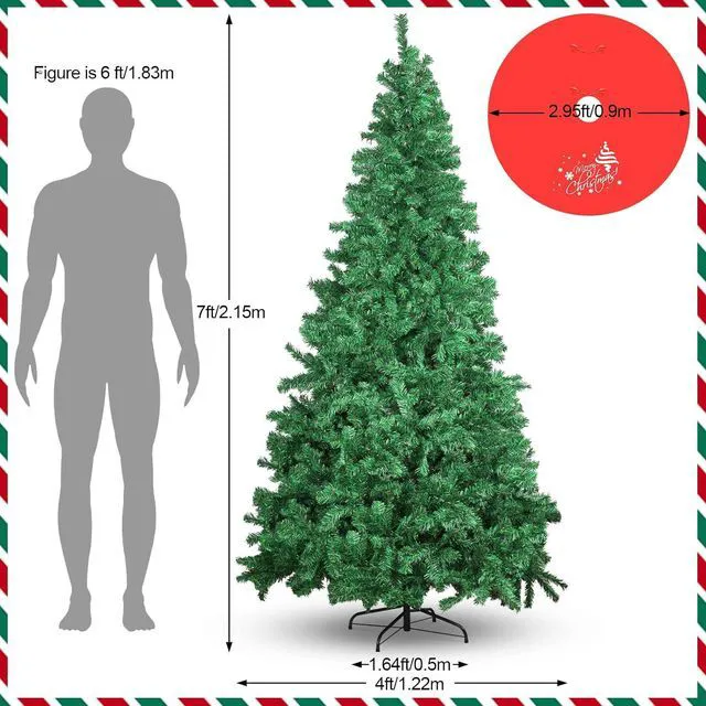 Alt view image 2 of 7 - 7ft Premium Artificial Spruce Holiday Christmas Tree for Home, Office, Party Decoration with 1000 Branch Tips, Red Tree-Skirt, Metal Hinges and Foldable Metal Base (Green)