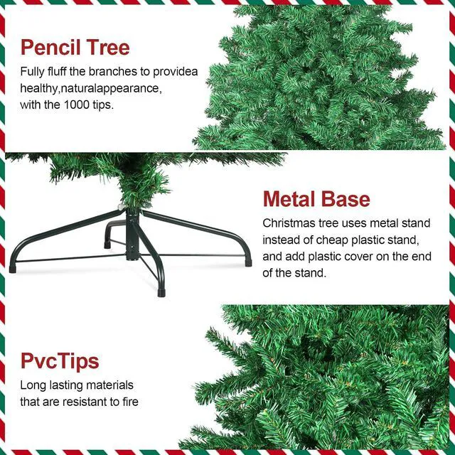 Alt view image 5 of 7 - 7ft Premium Artificial Spruce Holiday Christmas Tree for Home, Office, Party Decoration with 1000 Branch Tips, Red Tree-Skirt, Metal Hinges and Foldable Metal Base (Green)