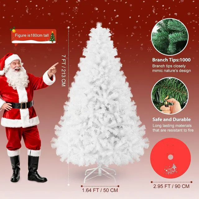 Alt view image 2 of 7 - 7ft Premium Snow Flocked Artificial Spruce Holiday Christmas Tree for Home, Office, Party Decoration with 1000 Branch Tips, Red Tree-Skirt, Metal Hinges and Foldable Metal Base (White)