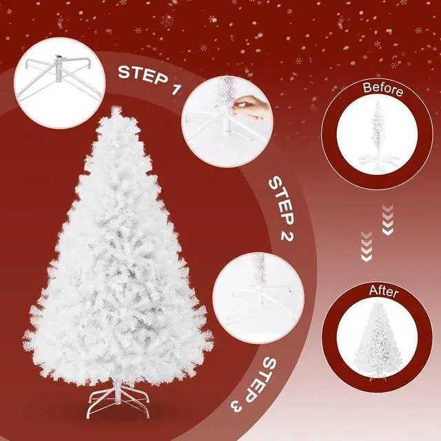 Alt view image 3 of 7 - 8ft Premium Snow Flocked Artificial Spruce Holiday Christmas Tree for Home, Office, Party Decoration with 1300 Branch Tips, Red Tree-Skirt, Metal Hinges and Foldable Metal Base (White)