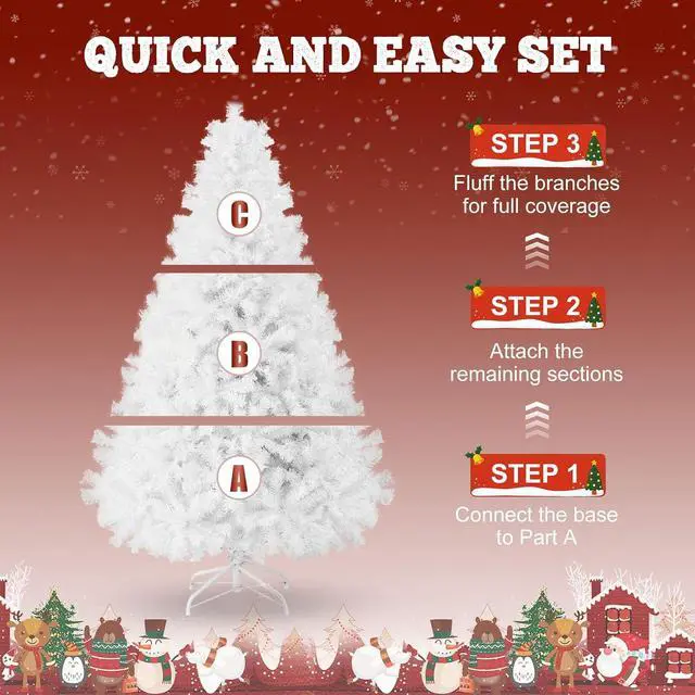 Alt view image 4 of 7 - 8ft Premium Snow Flocked Artificial Spruce Holiday Christmas Tree for Home, Office, Party Decoration with 1300 Branch Tips, Red Tree-Skirt, Metal Hinges and Foldable Metal Base (White)