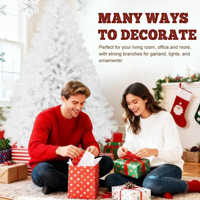 Alt view image 7 of 7 - 8ft Premium Snow Flocked Artificial Spruce Holiday Christmas Tree for Home, Office, Party Decoration with 1300 Branch Tips, Red Tree-Skirt, Metal Hinges and Foldable Metal Base (White)