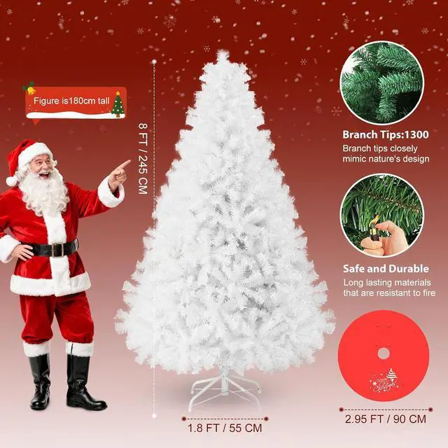 Alt view image 2 of 7 - 8ft Premium Snow Flocked Artificial Spruce Holiday Christmas Tree for Home, Office, Party Decoration with 1300 Branch Tips, Red Tree-Skirt, Metal Hinges and Foldable Metal Base (White)