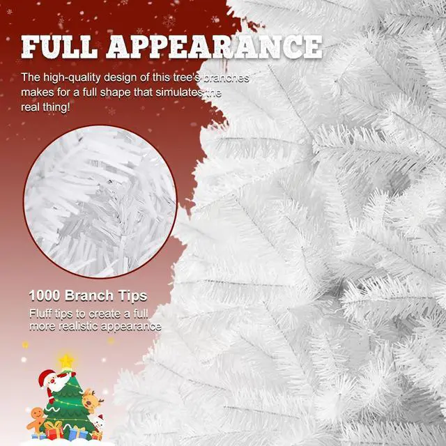 Alt view image 6 of 7 - 7ft Premium Snow Flocked Artificial Spruce Holiday Christmas Tree for Home, Office, Party Decoration with 1000 Branch Tips, Red Tree-Skirt, Metal Hinges and Foldable Metal Base (White)