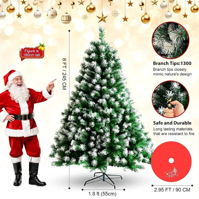 Alt view image 2 of 7 - 8ft Premium Snow Flocked Artificial Spruce Holiday Christmas Tree for Home, Office, Party Decoration with 1300 Branch Tips, Red Tree-Skirt, Metal Hinges and Foldable Metal Base (Green+White)