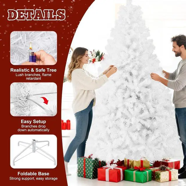Alt view image 5 of 7 - 8ft Premium Snow Flocked Artificial Spruce Holiday Christmas Tree for Home, Office, Party Decoration with 1300 Branch Tips, Red Tree-Skirt, Metal Hinges and Foldable Metal Base (White)