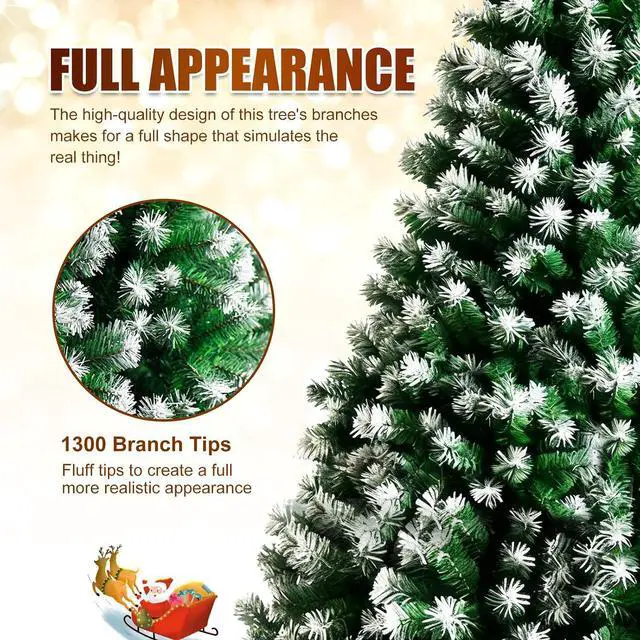 Alt view image 6 of 7 - 8ft Premium Snow Flocked Artificial Spruce Holiday Christmas Tree for Home, Office, Party Decoration with 1300 Branch Tips, Red Tree-Skirt, Metal Hinges and Foldable Metal Base (Green+White)