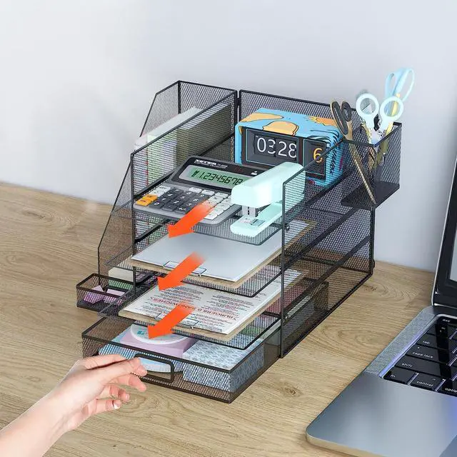 Alt view image 3 of 7 - 4-Tier Office Supplies Desk Organizers and Accessories with Sliding Drawers & Pen Holder, Desk File Organizer and Storage for Office, School, Home, Black