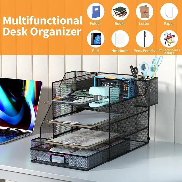 Alt view image 6 of 7 - 4-Tier Office Supplies Desk Organizers and Accessories with Sliding Drawers & Pen Holder, Desk File Organizer and Storage for Office, School, Home, Black
