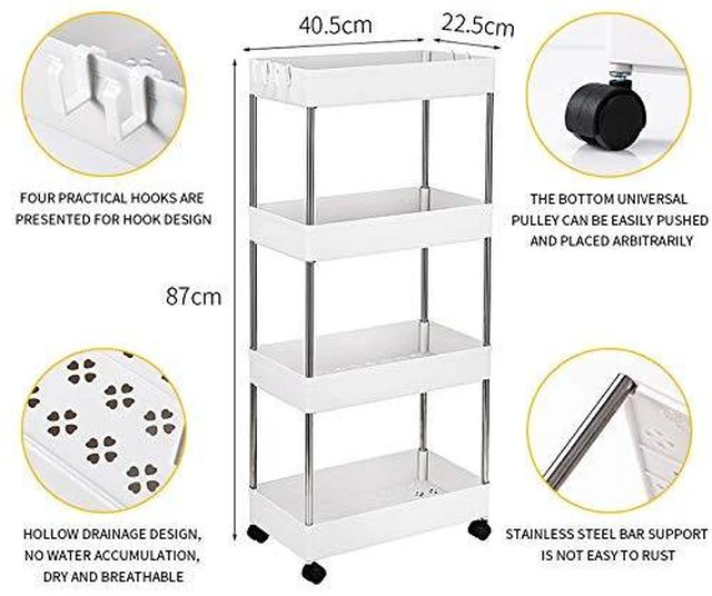Alt view image 2 of 6 - Slim Rolling Storage Cart, Laundry Room Organization, 4 Tier Mobile Shelving Unit Bathroom Organizer Utility Cart for Kitchen, Narrow Places(White)