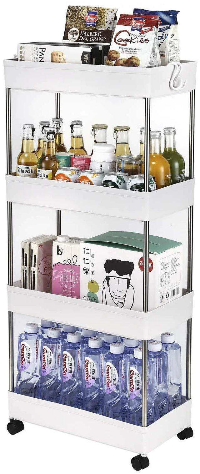 Main image of Slim Rolling Storage Cart, Laundry Room Organization, 4 Tier Mobile Shelving Unit Bathroom Organizer Utility Cart for Kitchen, Narrow Places(White)