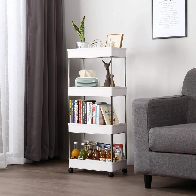 Alt view image 6 of 6 - Slim Rolling Storage Cart, Laundry Room Organization, 4 Tier Mobile Shelving Unit Bathroom Organizer Utility Cart for Kitchen, Narrow Places(White)