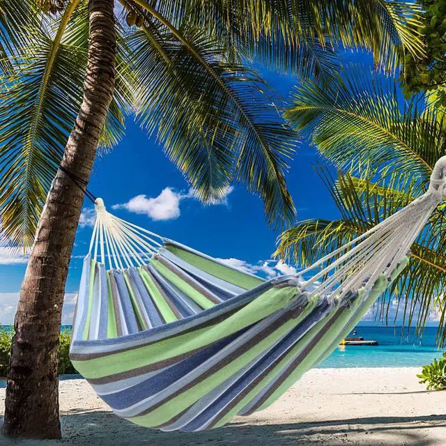 Alt view image 6 of 7 - Garden Cotton Hammock Comfortable Fabric Hammock with Tree Straps for Hanging Durable Hammock Up to 330lbs Portable Hammock with Travel Bag, Perfect for Camping Outdoor/Indoor Patio Backyard