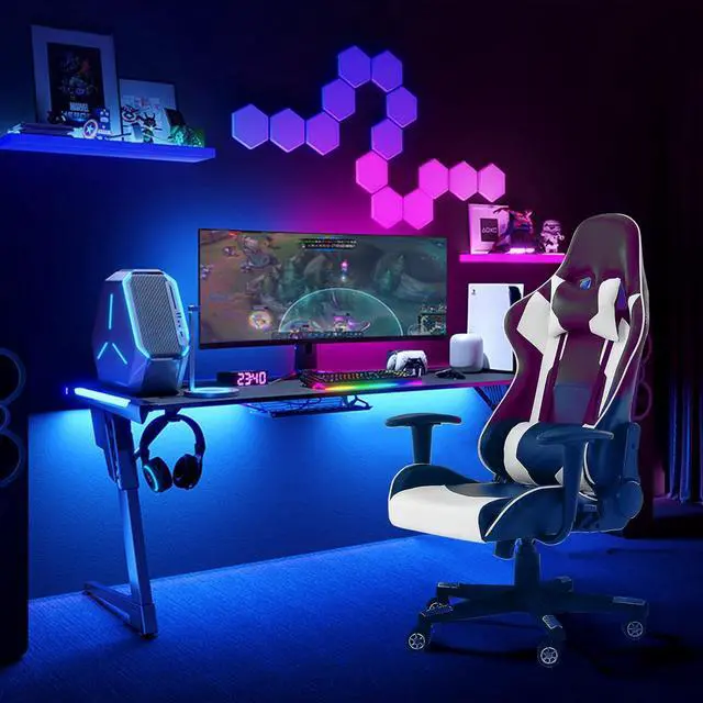 Alt view image 2 of 7 - Gaming Chair, Ergonomic Computer Chair with Lumbar Support, Height Adjustable Game Chair with 360°-Swivel Seat and Headrest and for Office or Gaming (White)