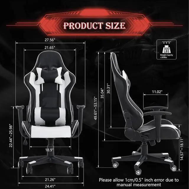 Alt view image 3 of 7 - Gaming Chair, Ergonomic Computer Chair with Lumbar Support, Height Adjustable Game Chair with 360°-Swivel Seat and Headrest and for Office or Gaming (White)