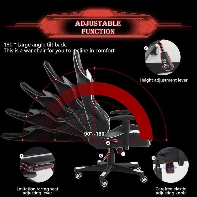 Alt view image 4 of 7 - Gaming Chair, Ergonomic Computer Chair with Lumbar Support, Height Adjustable Game Chair with 360°-Swivel Seat and Headrest and for Office or Gaming (White)