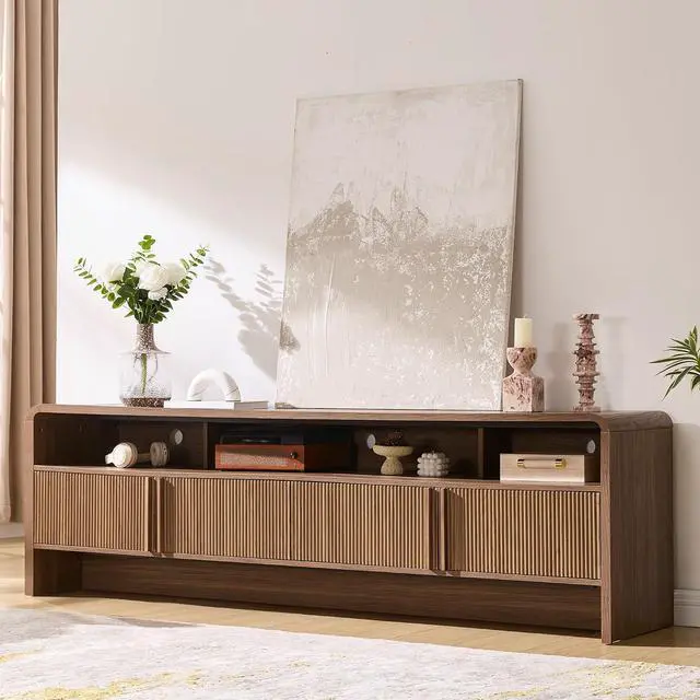 Main image of 70" Fluted Wood TV Stand for TVs up to 80", Media Console Entertainment Center with Storage Cabinets for Living Room, Brown