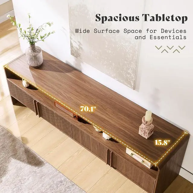 Alt view image 3 of 7 - 70" Fluted Wood TV Stand for TVs up to 80", Media Console Entertainment Center with Storage Cabinets for Living Room, Brown