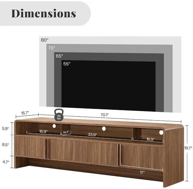 Alt view image 4 of 7 - 70" Fluted Wood TV Stand for TVs up to 80", Media Console Entertainment Center with Storage Cabinets for Living Room, Brown