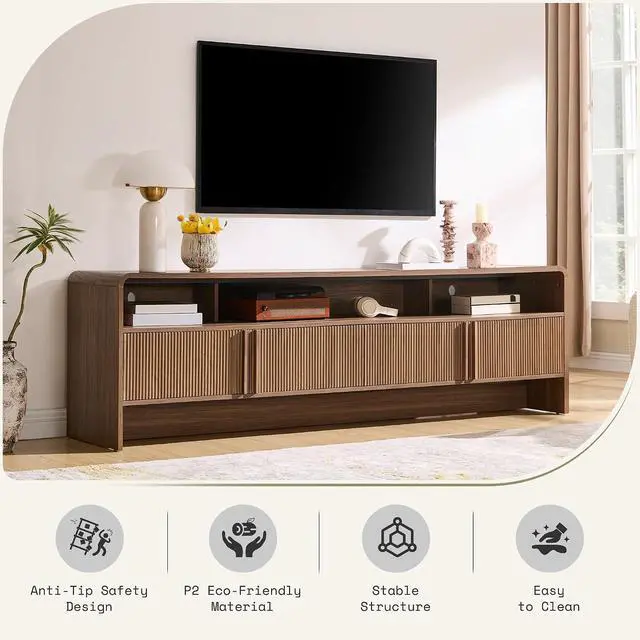 Alt view image 6 of 7 - 70" Fluted Wood TV Stand for TVs up to 80", Media Console Entertainment Center with Storage Cabinets for Living Room, Brown