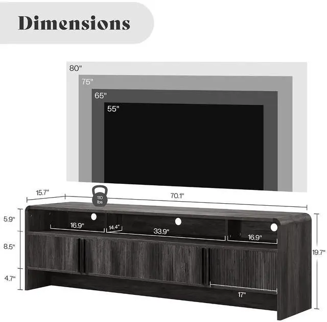 Alt view image 4 of 7 - 70" Modern TV Stand for TVs up to 80", Fluted Wood Entertainment Center with Storage Cabinets, Media Console Table for Living Room, Black