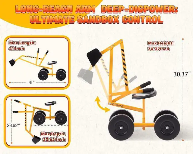 Alt view image 4 of 7 - Ride On Sand Digger Excavator Toys Working Crane with 8 inches Wheels and 360° Rotation Seat (Yellow)