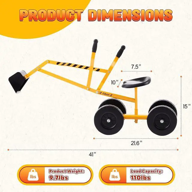 Alt view image 3 of 7 - Ride On Sand Digger Excavator Toys Working Crane with 8 inches Wheels and 360° Rotation Seat (Yellow)