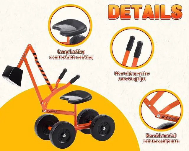 Alt view image 6 of 7 - Ride On Sand Digger Excavator Toys Working Crane with 8 inches Wheels and 360° Rotation Seat (Orange)