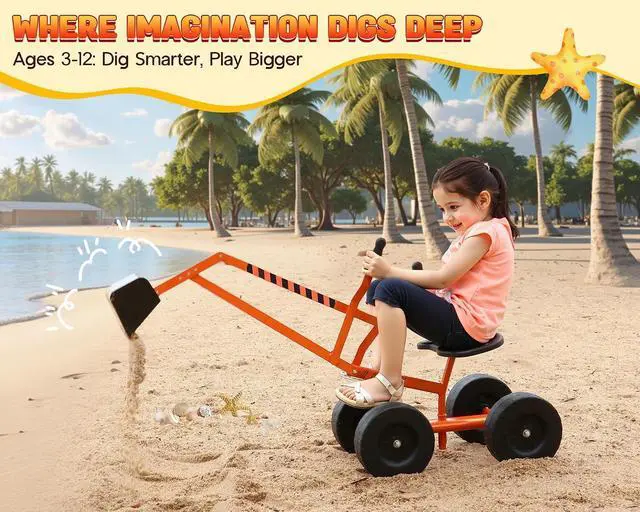 Alt view image 7 of 7 - Ride On Sand Digger Excavator Toys Working Crane with 8 inches Wheels and 360° Rotation Seat (Orange)
