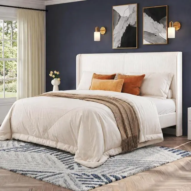 Main image of Queen Bed Frame, Upholstered Platform Bed with Corduroy Headboard, Easy Assembly Modern White Bed Frame with Wooden Slats Support, No Box Spring Needed, Cream