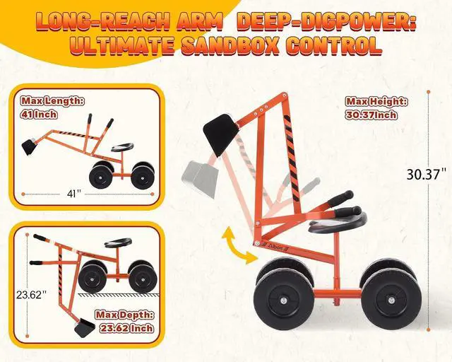Alt view image 4 of 7 - Ride On Sand Digger Excavator Toys Working Crane with 8 inches Wheels and 360° Rotation Seat (Orange)