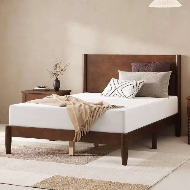 Main image of Solid Wood Full Size Bed Frame, Mid Century Modern Platform Bed with Full Panel Headboard, Noise-Free & Cylindrical Legs, No Box Spring Needed, Under-Bed Storage, Dark Walnut