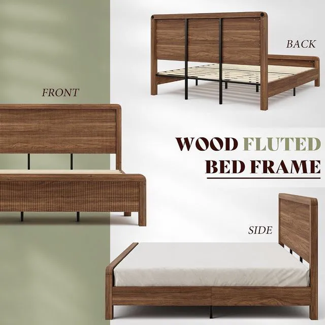 Alt view image 7 of 7 - Wood King Size Bed Frame with Headboard & Footboard, Modern Fluted Wooden Platform Bedframe with Rounded Safety Edges, Wood Slat Support, No Box Spring Needed, Easy Assembly, Walnut