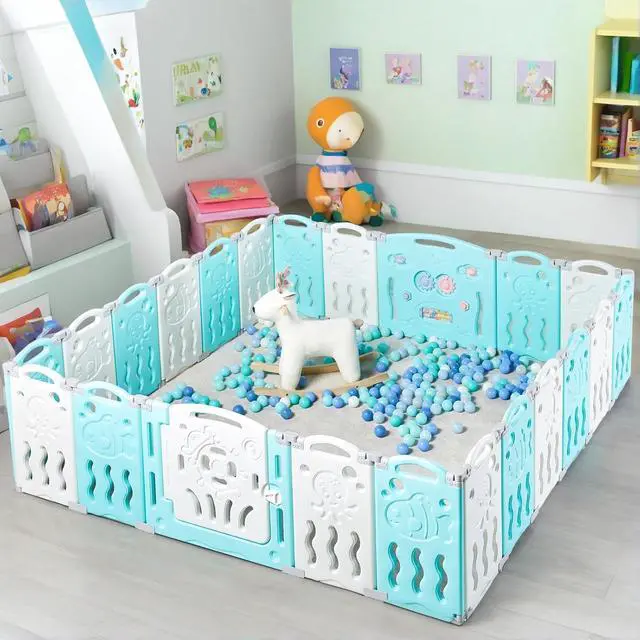 Alt view image 2 of 7 - 22 Panels Kids Safety Play Center Yard Baby Playpen Kids Activity Centre Indoor or Outdoor, Portable Play Yard with Gate for Babies, Infant, Toddlers Blue (20 Panels+1 Gate+ 1 Game Board)
