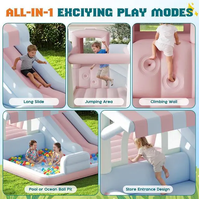 Alt view image 2 of 7 - Inflatable Bounce House, Water Slide with Jumping Area, Climbing Wall and Splash Pool, Indoor Outdoor Jumper for Big Children, Air Blower Included, Pastel Color, 121x93x69 Inch