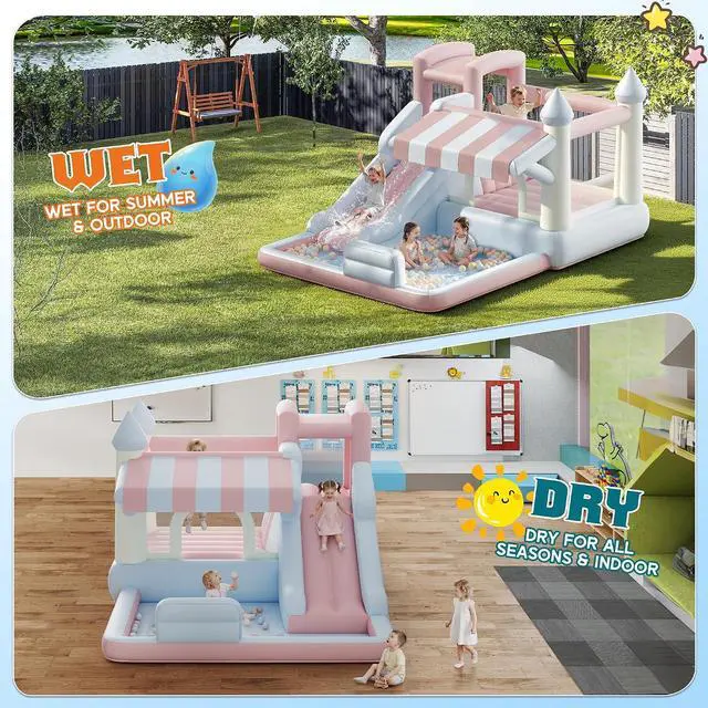Alt view image 3 of 7 - Inflatable Bounce House, Water Slide with Jumping Area, Climbing Wall and Splash Pool, Indoor Outdoor Jumper for Big Children, Air Blower Included, Pastel Color, 121x93x69 Inch