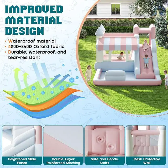 Alt view image 4 of 7 - Inflatable Bounce House, Water Slide with Jumping Area, Climbing Wall and Splash Pool, Indoor Outdoor Jumper for Big Children, Air Blower Included, Pastel Color, 121x93x69 Inch