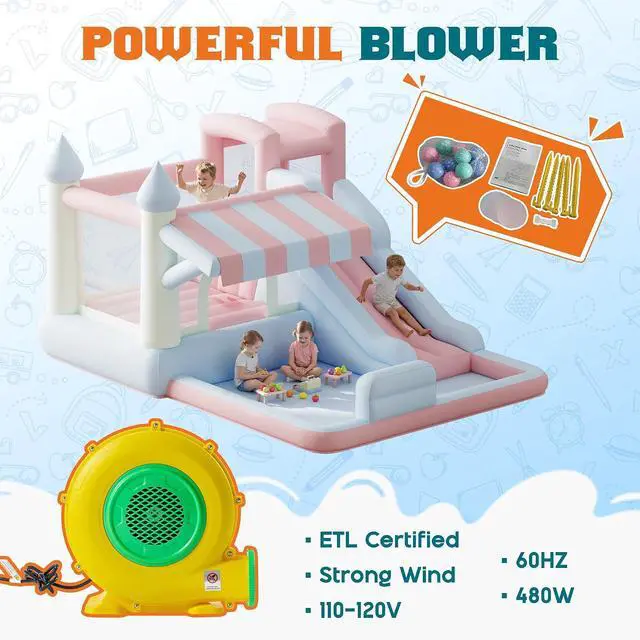 Alt view image 7 of 7 - Inflatable Bounce House, Water Slide with Jumping Area, Climbing Wall and Splash Pool, Indoor Outdoor Jumper for Big Children, Air Blower Included, Pastel Color, 121x93x69 Inch
