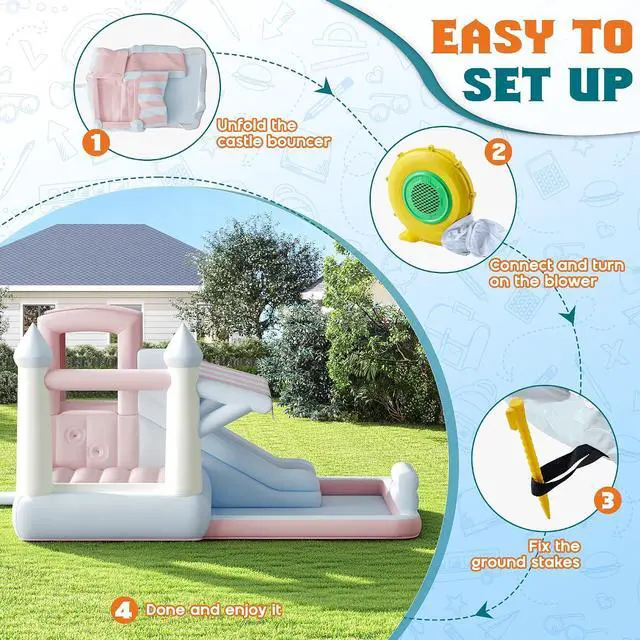 Alt view image 5 of 7 - Inflatable Bounce House, Water Slide with Jumping Area, Climbing Wall and Splash Pool, Indoor Outdoor Jumper for Big Children, Air Blower Included, Pastel Color, 121x93x69 Inch