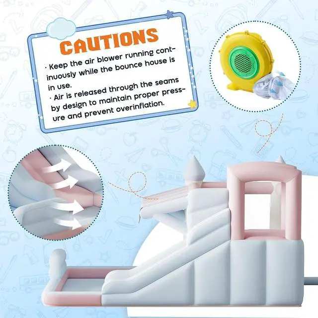 Alt view image 6 of 7 - Inflatable Bounce House, Water Slide with Jumping Area, Climbing Wall and Splash Pool, Indoor Outdoor Jumper for Big Children, Air Blower Included, Pastel Color, 121x93x69 Inch