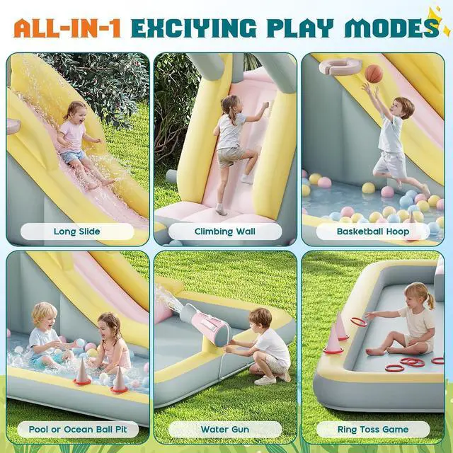 Alt view image 3 of 7 - Inflatable Bounce House, Water Slide with Jumping Area, Climbing Wall, Splash Pool and Water Gun, Indoor Outdoor Jumper for Little Children, Air Blower Included, Pastel Color, 154x106x75 Inch