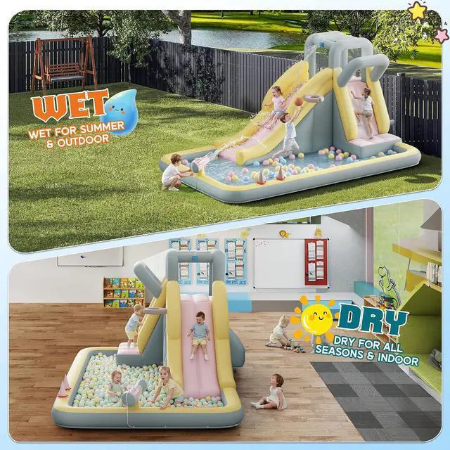 Alt view image 2 of 7 - Inflatable Bounce House, Water Slide with Jumping Area, Climbing Wall, Splash Pool and Water Gun, Indoor Outdoor Jumper for Little Children, Air Blower Included, Pastel Color, 154x106x75 Inch