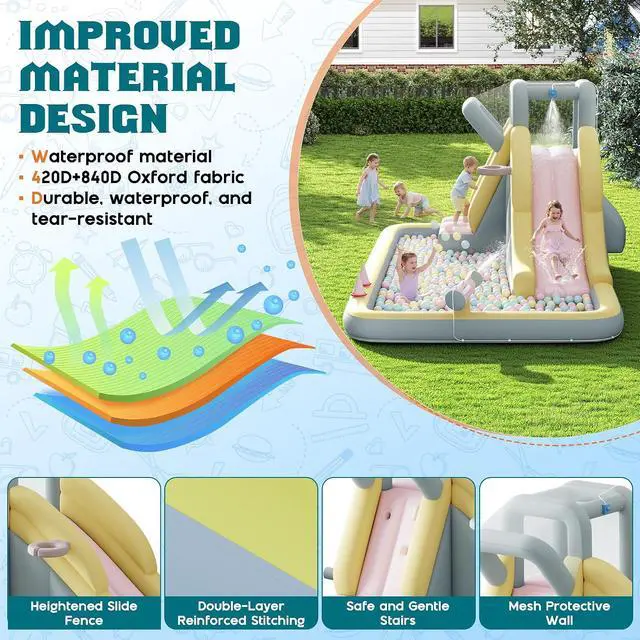 Alt view image 4 of 7 - Inflatable Bounce House, Water Slide with Jumping Area, Climbing Wall, Splash Pool and Water Gun, Indoor Outdoor Jumper for Little Children, Air Blower Included, Pastel Color, 154x106x75 Inch