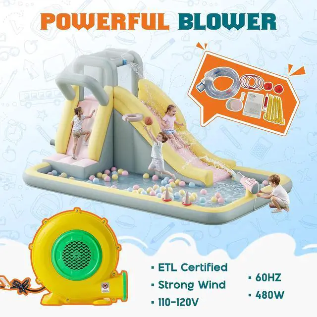 Alt view image 7 of 7 - Inflatable Bounce House, Water Slide with Jumping Area, Climbing Wall, Splash Pool and Water Gun, Indoor Outdoor Jumper for Little Children, Air Blower Included, Pastel Color, 154x106x75 Inch