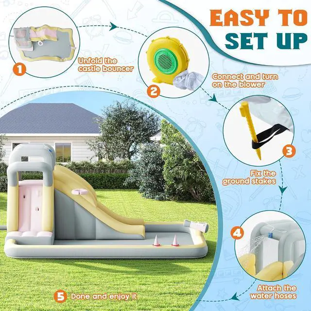 Alt view image 6 of 7 - Inflatable Bounce House, Water Slide with Jumping Area, Climbing Wall, Splash Pool and Water Gun, Indoor Outdoor Jumper for Little Children, Air Blower Included, Pastel Color, 154x106x75 Inch