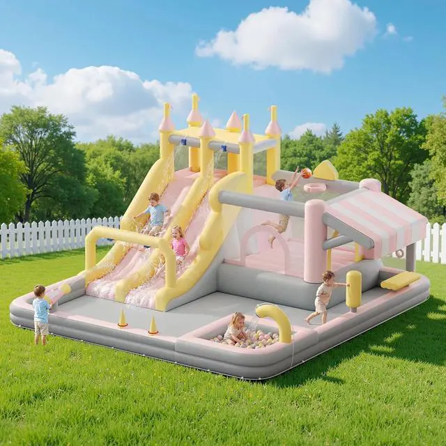 Main image of Inflatable Bounce House, Water Slide with Jumping Area, Climbing Wall, Splash Pool and Water Gun, Indoor Outdoor Jumper for Big Children, Air Blower Included, Pastel Color, 184x173x94 Inch