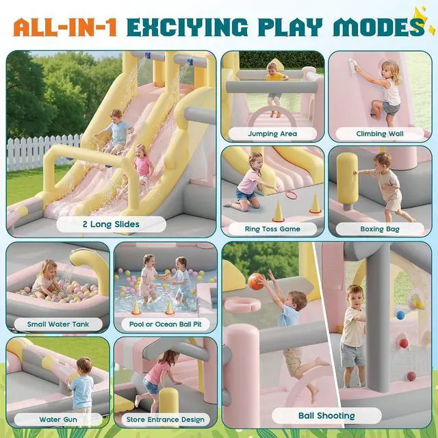 Alt view image 2 of 7 - Inflatable Bounce House, Water Slide with Jumping Area, Climbing Wall, Splash Pool and Water Gun, Indoor Outdoor Jumper for Big Children, Air Blower Included, Pastel Color, 184x173x94 Inch