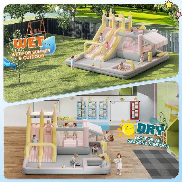 Alt view image 3 of 7 - Inflatable Bounce House, Water Slide with Jumping Area, Climbing Wall, Splash Pool and Water Gun, Indoor Outdoor Jumper for Big Children, Air Blower Included, Pastel Color, 184x173x94 Inch